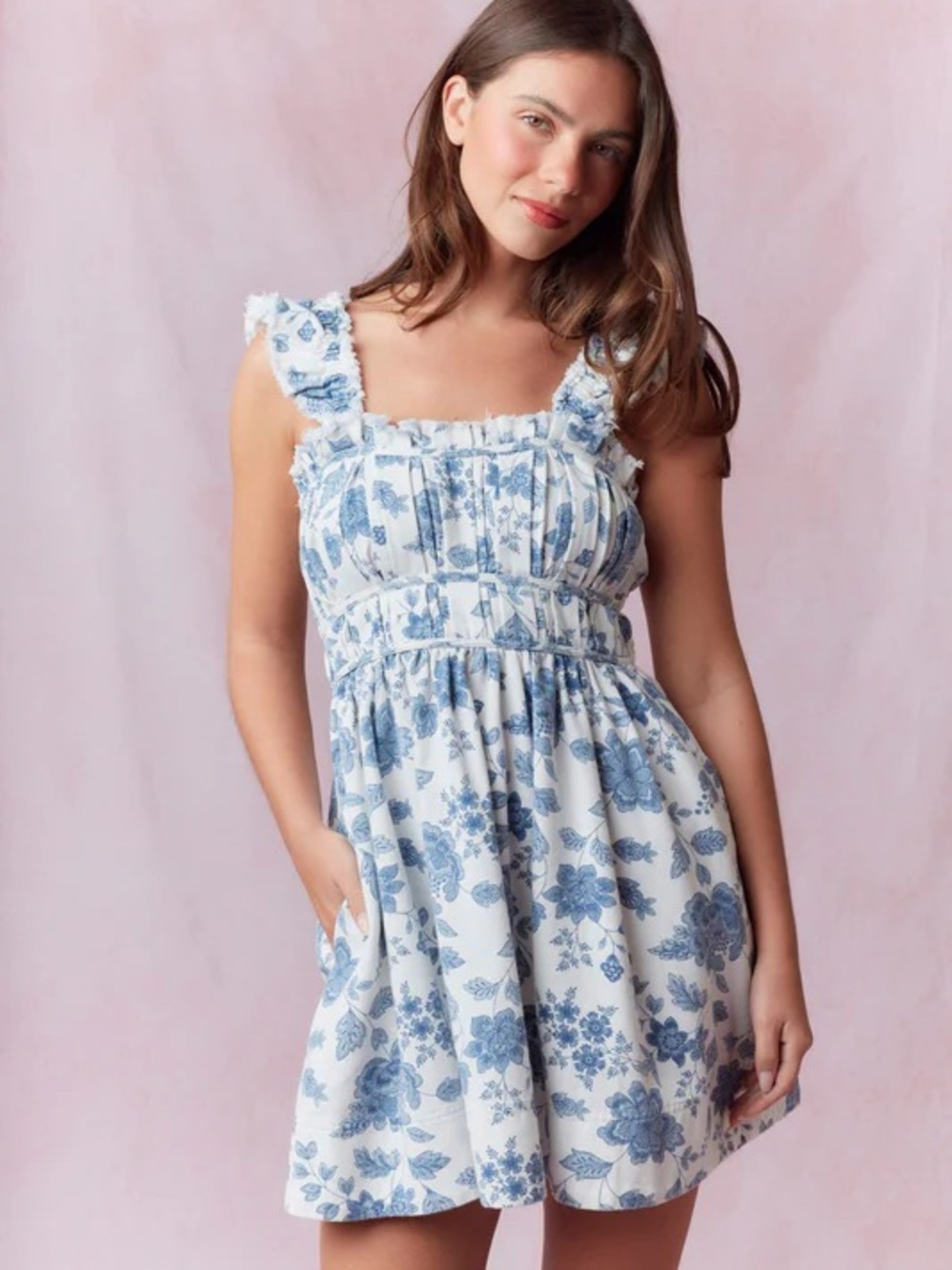 PINK LILY White Blue Floral Cotton Denim Dress French Country Cottagecore Large